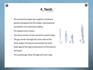 41
4. Torch
• All connectivity (argon gas supplies and plasma
ignition) designed into the holder, reducing torch
complexity and improving usability.
• Pre-aligned torch mount.
• The torch consists of two concentric quartz tubes,
• The gas stream through the outer tube of the
torch shapes the plasma and shields the torch
body against the high temperatures of the plasma
(cool gas).
• The auxiliary gas flows through the inner tube.
 