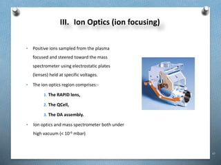 47
III. Ion Optics (ion focusing)
• Positive ions sampled from the plasma
focused and steered toward the mass
spectrometer using electrostatic plates
(lenses) held at specific voltages.
• The ion optics region comprises:-
1. The RAPID lens,
2. The QCell,
3. The DA assembly.
• Ion optics and mass spectrometer both under
high vacuum (< 10-6 mbar)
 