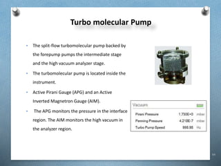 64
Turbo molecular Pump
• The split-flow turbomolecular pump backed by
the forepump pumps the intermediate stage
and the high vacuum analyzer stage.
• The turbomolecular pump is located inside the
instrument.
• Active Pirani Gauge (APG) and an Active
Inverted Magnetron Gauge (AIM).
• The APG monitors the pressure in the interface
region. The AIM monitors the high vacuum in
the analyzer region.
 