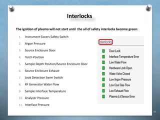 68
Interlocks
1. Instrument Covers Safety Switch
2. Argon Pressure
3. Source Enclosure Door
4. Torch Position
5. Sample Depth Position/Source Enclosure Door
6. Source Enclosure Exhaust
7. Leak Detection Swim Switch
8. RF Generator Water Flow
9. Sample Interface Temperature
10. Analyzer Pressure
11. Interface Pressure
The ignition of plasma will not start until the all of safety interlocks become green:
 