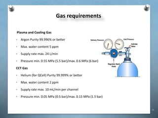 70
Gas requirements
Plasma and Cooling Gas
• Argon Purity 99.996% or better
• Max. water content 5 ppm
• Supply rate max. 24 L/min
• Pressure min. 0.55 MPa (5.5 bar)/max. 0.6 MPa (6 bar)
CCT Gas
• Helium (for QCell) Purity 99.999% or better
• Max. water content 2 ppm
• Supply rate max. 10 mL/min per channel
• Pressure min. 0.05 MPa (0.5 bar)/max. 0.15 MPa (1.5 bar)
 