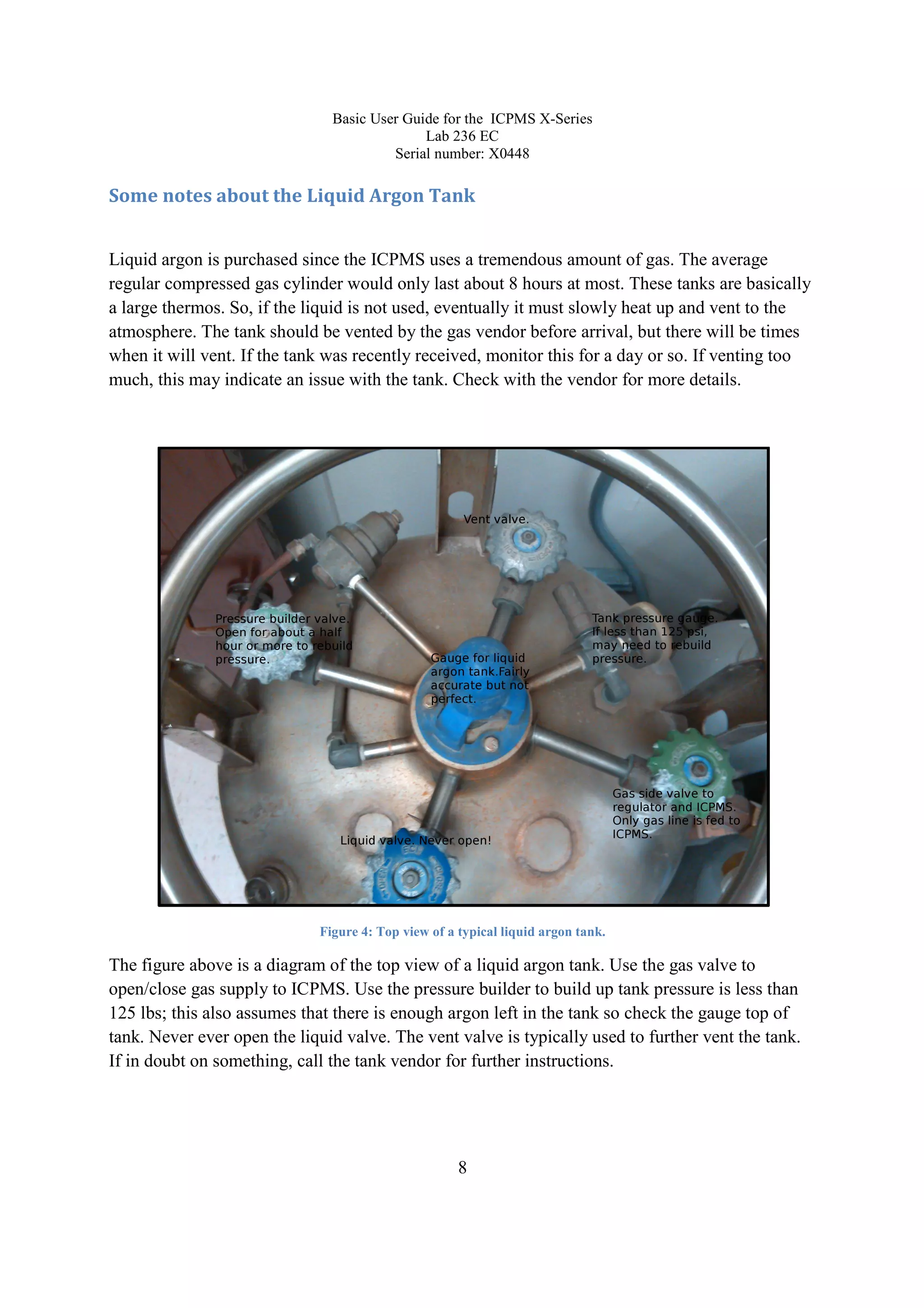 Basic User Guide for the ICPMS X-Series
Lab 236 EC
Serial number: X0448
8
Some notes about the Liquid Argon Tank
Liquid argon is purchased since the ICPMS uses a tremendous amount of gas. The average
regular compressed gas cylinder would only last about 8 hours at most. These tanks are basically
a large thermos. So, if the liquid is not used, eventually it must slowly heat up and vent to the
atmosphere. The tank should be vented by the gas vendor before arrival, but there will be times
when it will vent. If the tank was recently received, monitor this for a day or so. If venting too
much, this may indicate an issue with the tank. Check with the vendor for more details.
Figure 4: Top view of a typical liquid argon tank.
The figure above is a diagram of the top view of a liquid argon tank. Use the gas valve to
open/close gas supply to ICPMS. Use the pressure builder to build up tank pressure is less than
125 lbs; this also assumes that there is enough argon left in the tank so check the gauge top of
tank. Never ever open the liquid valve. The vent valve is typically used to further vent the tank.
If in doubt on something, call the tank vendor for further instructions.
 