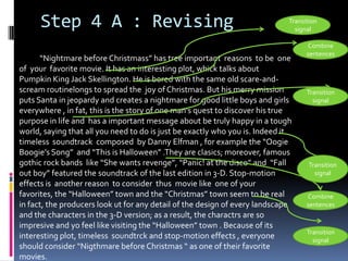Step 4 A : Revising
“Nightmare before Christmass” has tree important reasons to be one
of your favorite movie. It has an interesting plot, whick talks about
Pumpkin King Jack Skellington. He is bored with the same old scare-and-
scream routinelongs to spread the joy of Christmas. But his merry mission
puts Santa in jeopardy and creates a nightmare for good little boys and girls
everywhere , in fat, this is the story of one man's quest to discover his true
purpose in life and has a important message about be truly happy in a tough
world, saying that all you need to do is just be exactly who you is. Indeed it
timeless soundtrack composed by Danny Elfman , for example the “Oogie
Boogie’s Song” and “This is Halloween” .They are clasics; moreover, famous
gothic rock bands like “She wants revenge”, “Panic! at the disco” and “Fall
out boy” featured the soundtrack of the last edition in 3-D. Stop-motion
effects is another reason to consider thus movie like one of your
favorites, the “Halloween” town and the “Christmas” town seem to be real
in fact, the producers look ut for any detail of the design of every landscape
and the characters in the 3-D version; as a result, the charactrs are so
impresive and yo feel like visiting the “Halloween” town . Because of its
interesting plot, timeless soundtrck and stop-motion effects , everyone
should consider “Nigthmare before Christmas “ as one of their favorite
movies.
Transition
signal
Transition
signal
Transition
signal
Combine
sentences
Combine
sentences
Transition
signal
 