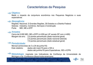 Objetivo:
Medir o impacto da conjuntura econômica nos Pequenos Negócios e suas
expectativas
Abrangência:
Regiões: Nacional, 5 Grandes Regiões, 26 Estados e o Distrito Federal
Setores: Indústria, Comércio, Serviços e Construção
Porte: MEI, ME e EPP
Amostra:
Cerca de 6.000 MEI, ME e EPP (n>200 por UF exceto SP com n>400)
Margem de erro: 2,0 pontos percentuais (dado nacional geral)
2,5 pontos percentuais (dado nacional setorial)
7,0 pontos percentuais (dado estadual geral)
Periodicidade:
Mensal (entrevistas de 3 a 24 de junho/16)
Este relatório: dados até maio/16 para o ISA e
dados até junhho/16 para Expectativas, ISE e ICPN
Metodologia: inspirada nos Indicadores de Confiança da Universidade de
Michigan e do Conference Board norte-americano
Características da Pesquisa
 