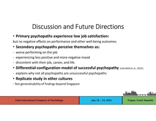 Discussion and Future Directions
• Primary psychopaths experience low job satisfaction:
but no negative effects on performance and other well-being outcomes.
• Secondary psychopaths perceive themselves as:
- worse performing on the job
- experiencing less positive and more negative mood
- discontent with their job, career, and life.
• Differential-configuration model of successful psychopathy (Lilienfeld et al., 2015)
- explains why not all psychopaths are unsuccessful psychopaths
• Replicate study in other cultures
- Test generalisability of findings beyond Singapore
 
