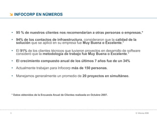 INFOCORP EN NÚMEROS  95 % de nuestros clientes nos recomendarían a otras personas o empresas.* 94% de los contactos de infraestructura , consideraron que la  calidad de la solución  que se aplicó en su empresa fue  Muy Buena o Excelente .* El  91%  de los clientes técnicos que tuvieron proyectos en desarrollo de software consideró que la  metodología de trabajo fue Muy Buena o Excelente .* El crecimiento compuesto anual de los últimos 7 años fue de un 34% Actualmente trabajan para Infocorp  más de 150 personas . Manejamos generalmente un promedio de  20 proyectos en simultáneo . * Datos obtenidos de la Encuesta Anual de Clientes realizada en Octubre 2007. 