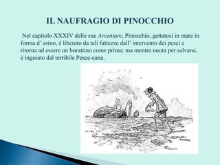 Nel capitolo XXXIV delle sue Avventure, Pinocchio, gettatosi in mare in
forma d’ asino, è liberato da tali fattezze dall’ intervento dei pesci e
ritorna ad essere un burattino come prima: ma mentre nuota per salvarsi,
è ingoiato dal terribile Pesce-cane.
 