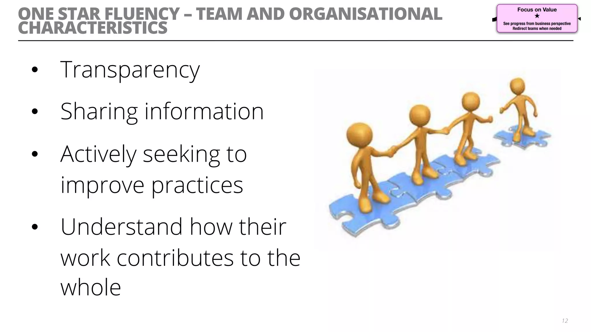 ONE STAR FLUENCY – TEAM AND ORGANISATIONAL
CHARACTERISTICS
•  Transparency
•  Sharing information
•  Actively seeking to
improve practices
•  Understand how their
work contributes to the
whole
12
 