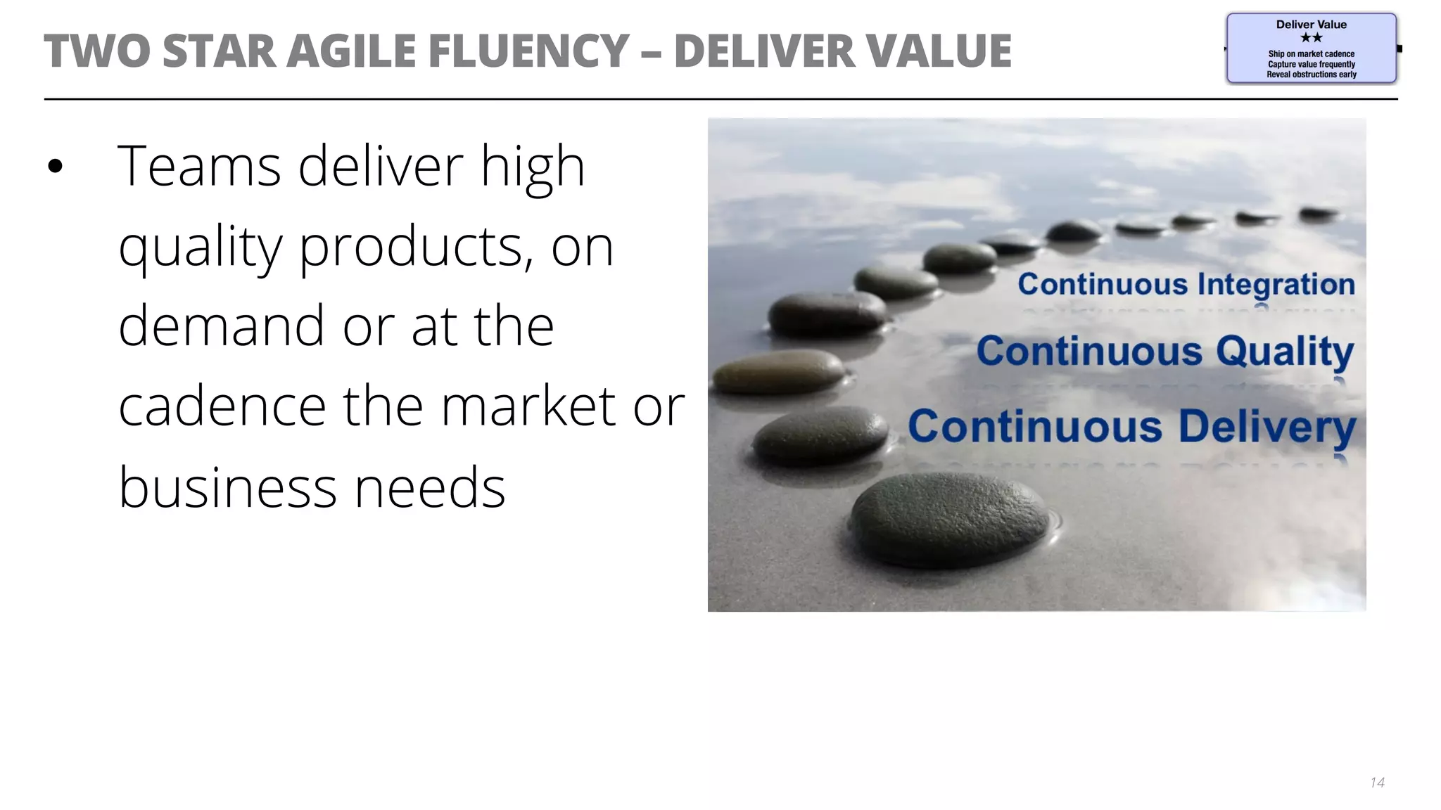 TWO STAR AGILE FLUENCY – DELIVER VALUE
•  Teams deliver high
quality products, on
demand or at the
cadence the market or
business needs
14
 