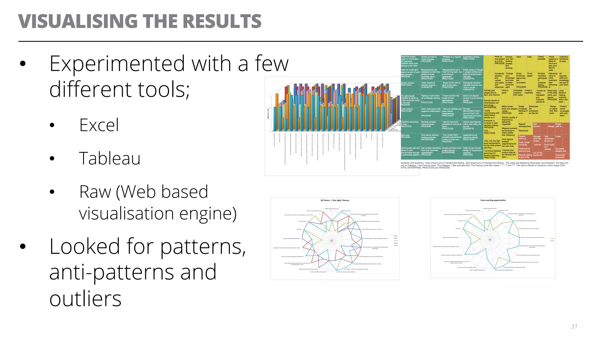 VISUALISING THE RESULTS
•  Experimented with a few
diﬀerent tools;
•  Excel
•  Tableau
•  Raw (Web based
visualisation engine)
•  Looked for patterns,
anti-patterns and
outliers
31
 