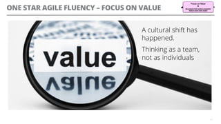 ONE STAR AGILE FLUENCY – FOCUS ON VALUE
A cultural shift has
happened.
Thinking as a team,
not as individuals
11
 