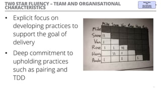 TW0 STAR FLUENCY – TEAM AND ORGANISATIONAL
CHARACTERISTICS
•  Explicit focus on
developing practices to
support the goal of
delivery
•  Deep commitment to
upholding practices
such as pairing and
TDD
15
 