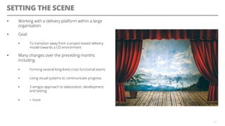 SETTING THE SCENE
•  Working with a delivery platform within a large
organisation
•  Goal:
•  To transition away from a project based delivery
model towards a CD environment
•  Many changes over the preceding months
including:
•  Forming several long-lived cross functional teams
•  Using visual systems to communicate progress
•  3 amigos approach to elaboration, development
and testing
•  + more
23
 