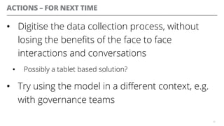 ACTIONS – FOR NEXT TIME
•  Digitise the data collection process, without
losing the beneﬁts of the face to face
interactions and conversations
•  Possibly a tablet based solution?
•  Try using the model in a diﬀerent context, e.g.
with governance teams
36
 