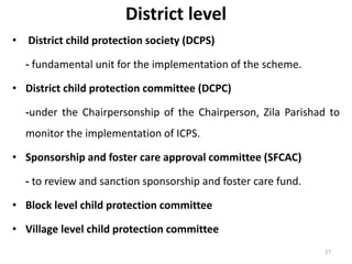 District level 
• District child protection society (DCPS) 
- fundamental unit for the implementation of the scheme. 
• District child protection committee (DCPC) 
-under the Chairpersonship of the Chairperson, Zila Parishad to 
monitor the implementation of ICPS. 
• Sponsorship and foster care approval committee (SFCAC) 
- to review and sanction sponsorship and foster care fund. 
• Block level child protection committee 
• Village level child protection committee 
27 
 