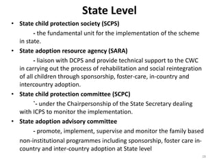 State Level 
• State child protection society (SCPS) 
- the fundamental unit for the implementation of the scheme 
in state. 
• State adoption resource agency (SARA) 
- liaison with DCPS and provide technical support to the CWC 
in carrying out the process of rehabilitation and social reintegration 
of all children through sponsorship, foster-care, in-country and 
intercountry adoption. 
• State child protection committee (SCPC) 
`- under the Chairpersonship of the State Secretary dealing 
with ICPS to monitor the implementation. 
• State adoption advisory committee 
- promote, implement, supervise and monitor the family based 
non-institutional programmes including sponsorship, foster care in-country 
and inter-country adoption at State level 
28 
 
