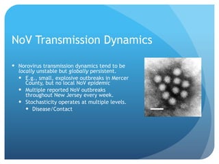 NoV Transmission Dynamics
Norovirus transmission dynamics tend to be
locally unstable but globally persistent.
E.g., small, explosive outbreaks in Mercer
County, but no local NoV epidemic
Multiple reported NoV outbreaks
throughout New Jersey every week.
Stochasticity operates at multiple levels.
Disease/Contact