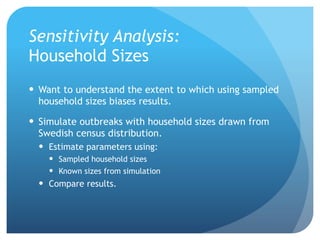 Sensitivity Analysis:
Household Sizes
Want to understand the extent to which using sampled
household sizes biases results.
Simulate outbreaks with household sizes drawn from
Swedish census distribution.
Estimate parameters using:
Sampled household sizes
Known sizes from simulation
Compare results.