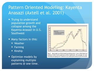 Pattern Oriented Modeling: Kayenta
Anasazi (Axtell et al. 2001)
Trying to understand
population growth and
collapse among the
Kayenta Anasazi in U.S.
Southwest
Many factors in this:
Weather
Farming
Kinship
Optimize models by
explaining multiple
patterns @ one time.