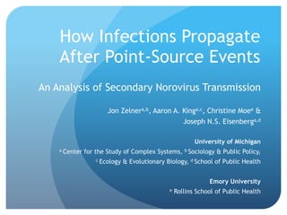 How Infections Propagate
After Point-Source Events
An Analysis of Secondary Norovirus Transmission
Jon Zelnera,b, Aaron A. Kinga,c, Christine Moee &
Joseph N.S. Eisenberga,d
University of Michigan
a Center for the Study of Complex Systems, b Sociology & Public Policy,
c Ecology & Evolutionary Biology, d School of Public Health
Emory University
e Rollins School of Public Health
