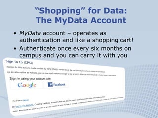“Shopping” for Data:
       The MyData Account
• MyData account – operates as
  authentication and like a shopping cart!
• Authenticate once every six months on
  campus and you can carry it with you
 