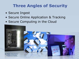 Three Angles of Security
• Secure Ingest
• Secure Online Application & Tracking
• Secure Computing in the Cloud
 
