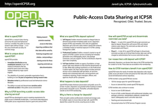 What is openICPSR?
openICPSR is a research data-sharing
service for the social and behavioral
sciences. It enables the public to access
research data without charge — or in
the case of restricted-use data, for
nominal charge.
What is unique about
openICPSR?
openICPSR provides:
• Immediate distribution on an
established network of over 740
research institutions that has
powerful search tools and a data
catalog indexed by major search
engines
• The reliability of a trusted, sustainable organization that is
building on over 50 years of experience storing research data
• Metadata review by professional social and behavioral science
librarians
• The ability to accept and disseminate sensitive and/or
restricted-use data in the public-access environment
Why is ICPSR launching a public-access data-
sharing service?
openICPSR was developed to assist in meeting requirements for
public access to federally funded data. It can ensure data depositors
fulfill public-access requirements found in grant and contract RFPs.
http://openICPSR.org
Public-Access Data Sharing at ICPSR
Recognized. Cited. Trusted. Secure.
How will openICPSR accept and disseminate
restricted-use data?
• Phase I — In early 2014, openICPSR will accept restricted-use
data for deposit. Researchers will receive DOIs and related
citations upon deposit.The restricted-use data will not be
disseminated until Phase II.
• Phase II — In late 2014, openICPSR will begin to disseminate
restricted-use data via itsVirtual Data Enclave; data users will be
charged an administration fee to access restricted-use data.
Can researchers still deposit with ICPSR?
Absolutely. Depositors can donate their data to the ICPSR membership
for curation at no fee.Those data are accessible to the membership.
How do ICPSR members benefit from openICPSR?
openICPSR meets the needs of member data depositors who require
public access yet desire to share and preserve their data with a trusted
social and behavioral sciences repository.
ICPSR members using openICPSR also receive:
• 10X the storage space for openICPSR deposits
• Access to selected fully curated openICPSR deposits
ICPSR members also continue to receive:
• Access to over 65,000 datasets
• Access to fully curated datasets with professional metadata, stats
package conversion, standardized codebook, variable-level
search, bibliography search, and other data tools
• Teaching and instructional tools
• Discounted tuition for ICPSR Summer Program courses
What are openICPSR’s deposit options?
1. Self Deposit: Enables research scientists to deposit data on
demand and provide immediate public access. Depositors
prepare all files and metadata. Once data are published,
depositors get a DOI and a data citation; openICPSR conducts
a metadata review to maximize exposure in ICPSR’s catalog.
Package fee is $600.
2. Professional Curation: Enables a research scientist to tap all
aspects of ICPSR’s curation services including full metadata
generation and a bibliography search, stat package
conversion, and user support.The fee to distributors depends
upon data complexity.
3. FullTopic Archive: Enables an agency, foundation, or large
project with many datasets to fully fund the dissemination of
its data.While data undergo treatment as in the Professional
Curation option, theTopic Archive option includes premium
services such as dedicated staff specialists, an exclusive
website and customized data tools, and acquisitions and
compliance reporting. Project managers, officers, and
agencies should call for a proposal.
What happens to data deposits?
openICPSR provides bitstream preservation and public access for
at least 10 years. Depositors can provide further funding to extend
preservation and public access.Thereafter, unfunded deposits
transfer to the ICPSR membership.
Why is there a charge for deposits?
There are paid curation professionals involved and storage costs
for multiple copies to ensure data are kept safe. openICPSR’s
deposit fees sustain the service, assuring access to data.
Helping research
scientists maximize
access to their data,
imparting confidence that
their data will be cared for,
fostering recognition and
citation, and providing a
sharing service for those
requiring restricted-use
data dissemination.
Jared Lyle, ICPSR • lyle@umich.edu
 