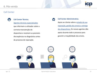ago.-15 Apresentação corporativa 19
Call Center
6. Pós-venda
Call Center Técnico.
Agentes técnicos especializados
que informam o utilizador sobre a
correcta manutenção do
dispositivo e resolvem as possíveis
discrepâncias no diagnóstico antes
do processo de reparação.
Call Center Administrativo.
Apoio ao cliente sobre o estado da sua
reparação, gestão dos envios e entrega
dos dispositivos. Os nossos agentes dão
apoio durante todo o processo para
garantir a traçabilidade dos envios.
 