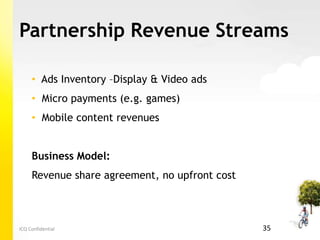 Partnership Revenue Streams

     • Ads Inventory –Display & Video ads
     • Micro payments (e.g. games)
     • Mobile content revenues


     Business Model:
     Revenue share agreement, no upfront cost



ICQ Confidential                                35
 