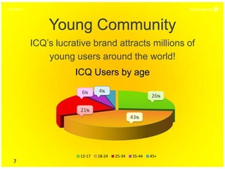 15.04.2011                                                     ICQ Confidential




                 Young Community
             ICQ’s lucrative brand attracts millions of
                 young users around the world!
                        ICQ Users by age

                          6%     4%
                                                         26%

                         21%
                                                 43%




                         13-17   18-24   25-34   35-44   45+
    7
 
