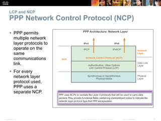 Presentation_ID 30© 2008 Cisco Systems, Inc. All rights reserved. Cisco Confidential
LCP and NCP
PPP Network Control Protocol (NCP)
 PPP permits
multiple network
layer protocols to
operate on the
same
communications
link.
 For every
network layer
protocol used,
PPP uses a
separate NCP.
 