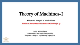 Theory of Machines-I
Kinematic Analysis of Mechanisms
Basics of Instantaneous Centre of Rotation (ICR)
Prof. K N Wakchaure
Department of Mechanical Engineering
Sanjivani College of Engineering, Kopargaon
 