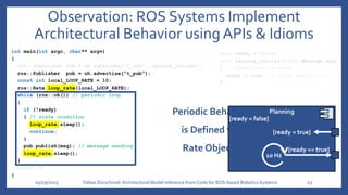 int main(int argc, char** argv)
{
ros::Subscriber sub = nh.subscribe("t_sub", receive_initial);
ros::Publisher pub = nh.advertise("t_pub");
const int local_LOOP_RATE = 10;
ros::Rate loop_rate(local_LOOP_RATE);
while (ros::ok()) // periodic loop
{
if (!ready)
{ // state condition
loop_rate.sleep();
continue;
}
pub.publish(msg); // message sending
loop_rate.sleep();
}
return 0;
}
05/29/2023 Tobias Dürschmid:Architectural Model Inference from Code for ROS-based Robotics Systems 11
bool ready = false;
void receive_initial(const Message msg)
{ // subscriber callback
ready = true; // state transition
}
Periodic Behavior
is Defined via
Rate Objects
Observation: ROS Systems Implement
Architectural Behavior using APIs & Idioms
Planning
[ready = true]
[ready = false]
10 Hz
[ready == true]
 