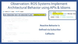 Observation: ROS Systems Implement
Architectural Behavior using APIs & Idioms
05/29/2023 Tobias Dürschmid:Architectural Model Inference from Code for ROS-based Robotics Systems 13
int main(int argc, char** argv)
{
ros::Subscriber sub = nh.subscribe("t_sub", receive_initial);
ros::Publisher pub = nh.advertise("t_pub");
const int local_LOOP_RATE = 10;
ros::Rate loop_rate(local_LOOP_RATE);
while (ros::ok()) // periodic loop
{
if (!ready)
{ // state condition
loop_rate.sleep();
continue;
}
pub.publish(msg); // message sending
loop_rate.sleep();
}
return 0;
}
bool ready = false;
void receive_initial(const Message msg)
{ // subscriber callback
ready = true; // state transition
}
Reactive Behavior is
Defined via Subscriber
Callbacks
 