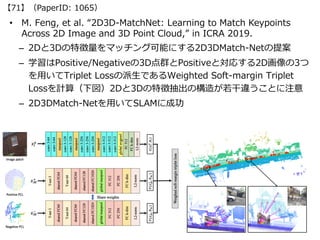 • M. Feng, et al. “2D3D-MatchNet: Learning to Match Keypoints
Across 2D Image and 3D Point Cloud,” in ICRA 2019.
– 2Dと3Dの特...