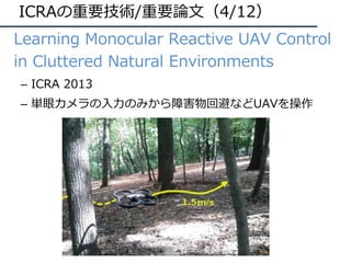 ICRAの重要技術/重要論⽂（4/12）
• Learning Monocular Reactive UAV Control
in Cluttered Natural Environments
– ICRA 2013
– 単眼カメラの⼊⼒のみか...