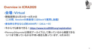 Overview in ICRA2020
・会場：Virtual
・開催期間は5月31日～8月31日
　（この間，Sessionの発表者にはSlackで質問し放題）
・参加料も学生ならば約3000円！（25ユーロ）
・今からでも参加できる！https://www.icra2020.org/registration
・PlenaryとKeynoteは現状アーカイブとして残っているから確認できる
　
　（いつまで残っているかは不明→現在も残っています，6月28日）
10
 