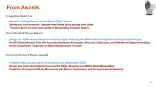28
・Cognitive Robotics
・Best Student Paper Award
・Best Conference Paper Award
- Semantic Linking Maps for Active Visual Object Search
- Adversarial Skill Networks: Unsupervised Robot Skill Learning from Video
- Transient Behavior and Predictability in Manipulating Complex Objects
- Design of a Roller-Based Dexterous Hand for Object Grasping and Within-Hand Manipulation (robot manipulation)
- An ERT-Based Robotic Skin with Sparsely Distributed Electrodes: Structure, Fabrication, and DNN-Based Signal Processing
- 6-DOF Grasping for Target-Driven Object Manipulation in Clutter
- Preference-Based Learning for Exoskeleton Gait Optimization (HRI)
- Design of a Roller-Based Dexterous Hand for Object Grasping and Within-Hand Manipulation
- Prediction of Human Full-Body Movements with Motion Optimization and Recurrent Neural Networks
From Awards
 