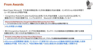 30
・Best Paper Winnerは，下半身外骨格を用いた方向の最適化手法の提案．インタラクション付きの学習で
　ユーザに合わせた学習が可能 .
From Awards
・ Conginitive RobotsでLable-freeなVideoを用いたRL手法の提案．Label-freeなVideoを用いて，
　複数のタスク（今回の提案では，シンプルなタスク， Stackとか）の実行を見越している？
・Adversarial Skill Networks: Unsupervised Robot Skill Learning from Video
　→　ラベル付けされていないマルチビュー動画からタスクに依存しないスキル埋め込み空間を学習する
・ 同じくConginitive Robotsで，エリア内の物体探索を，ランドマークと対象物体の空間関係に関する背景
　知識を活用して見つける手法が提案されている
＞RLの学習コスト削減
・Semantic Linking Maps for Active Visual Object Search
　→　セマンティックリンキングマップ（SLiM）モデルを導入することで、アクティブな視覚的物体探索戦略手法を提案
＞Affordanceを空間探索で使用しているイメージ（把持での Affordanceは物体の使用方法を考慮した把持
　位置検出が可能．それに対して，今回は物体の置いてあると想定される位置を考慮して探索する）
 