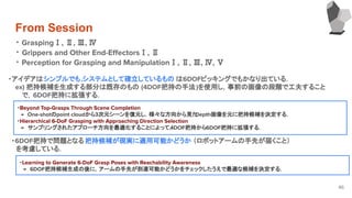 From Session
46
・ GraspingⅠ, Ⅱ, Ⅲ, Ⅳ
・ Grippers and Other End-EﬀectorsⅠ, Ⅱ
・ Perception for Grasping and ManipulationⅠ, Ⅱ, Ⅲ, Ⅳ, Ⅴ　　
・アイデアはシンプルでも,システムとして確立しているもの は6DOFピッキングでもかなり出ている．
ex) 把持候補を生成する部分は既存のもの (4DOF把持の手法)を使用し，事前の画像の段階で工夫すること
　　　で，6DOF把持に拡張する．
・Beyond Top-Grasps Through Scene Completion
　→　One-shotのpoint cloudから3次元シーンを復元し，様々な方向から見たDepth画像を元に把持候補を決定する．
・Hierarchical 6-DoF Grasping with Approaching Direction Selection
　→　サンプリングされたアプローチ方向を最適化することによって，4DOF把持から6DOF把持に拡張する．
・6DOF把持で問題となる把持候補が現実に適用可能かどうか （ロボットアームの手先が届くこと）
　
　を考慮している．
・Learning to Generate 6-DoF Grasp Poses with Reachability Awareness
　→　6DOF把持候補生成の後に，アームの手先が到達可能かどうかをチェックしたうえで最適な候補を決定する．
 