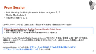 From Session
47
・ Path Planning for Multiple Mobile Robots or AgentsⅠ, Ⅱ
・ Mobile ManipulatorⅠ
・ Industrial RobotsⅠ, Ⅱ
・リッチなフレームワークとして提案（認識 x 軌道計画 x 最適化 x 複数種類のタスク実行）
・A Mobile Manipulation System for One-Shot Teaching of Complex Tasks in Homes
　→　複雑で複数のタスクを1つのロボットで学習する
　→　学習コストを減らす為に，人間が装着したVRでの操作をTeachingとして使用する
・Industrial Robotsセッションでは、アプリケーション向けのシステムの完成度が高いと、コアが
　すごく尖ってなくても（妥当な技術）通っている なあという印象
・Path Planning for Multiple Mobile Robots or Agentsでのロボットの数は，複数個 or 数十個みたいな感じ．
　複数ロボットのナビゲーションに深層強化学習を使う手法も出ている． (単体のagentの最適化➔集団の
　agentの最適化)
 