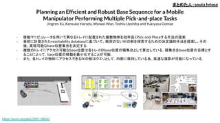 Planning an Efﬁcient and Robust Base Sequence for a Mobile
Manipulator Performing Multiple Pick-and-place Tasks
Jingren Xu, Kensuke Harada, Weiwei Wan, Toshio Ueshiba and Yukiyasu Domae
- 移動マニピュレータを用いて異なるトレイに配置された複数物体を効率良くPick-and-Placeする手法の提案
- 事前に計算されたreachability databaseに基づいて、衝突のないIKの解を探索するための決定論的手法を提案し、その
後、実現可能なbase位置集合を決定する．
- 複数のトレイにアクセス可能なbase位置は各トレイのbase位置の積集合として算出している．積集合をbase位置の目標とす
ることによって，base位置の移動を最小化することが可能．
- また，各トレイの物体にアクセスできるIKの解はクエリとして，内部に保持している為，高速な演算が可能になっている．
まとめた人：souta hriose
https://arxiv.org/abs/2001.08042
 