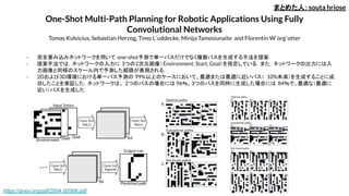 One-Shot Multi-Path Planning for Robotic Applications Using Fully
Convolutional Networks
Tomas Kulvicius, Sebastian Herzog, Timo L¨uddecke, Minija Tamosiunaite and Florentin W¨org¨otter
- 完全畳み込みネットワークを用いて one-shot予測で単一パスだけでなく複数パスを生成する手法を提案．
- 提案手法では，ネットワークの入力に 3つの2次元画像（Environment, Start, Goal）を指定している．また，ネットワークの出力には入
力画像と同様のスケール内で予測した経路が表現される．
- 2Dおよび3D環境における単一パス予測の 99%以上のケースにおいて、最適または最適に近いパス（ 10%未満）を生成することに成
功したことを実証した．ネットワークは、 2つのパスの場合には 96％、3つのパスを同時に生成した場合には 84％で、最適な（最適に
近い）パスを生成した．
まとめた人：souta hriose
https://arxiv.org/pdf/2004.00568.pdf
 