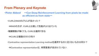 From Plenary and Keynote
・Pieter Abbeel ーCan Deep Reinforcement Learning from pixels be made
　　　　　　　　　　　as eﬃcient as from...