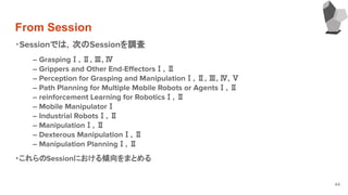 From Session
44
・Sessionでは，次のSessionを調査
― GraspingⅠ, Ⅱ, Ⅲ, Ⅳ
― Grippers and Other End-EﬀectorsⅠ, Ⅱ
― Perception for Graspi...