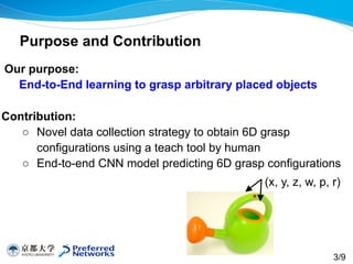 Our purpose:
End-to-End learning to grasp arbitrary placed objects 
Contribution:
○ Novel data collection strategy to obtain 6D grasp
configurations using a teach tool by human
○ End-to-end CNN model predicting 6D grasp configurations
Purpose and Contribution
(x, y, z, w, p, r)
3/9
 