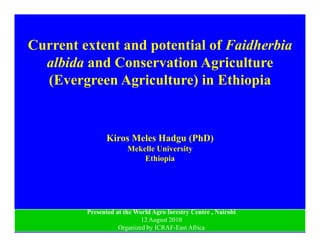 Current extent and potential of Faidherbia
  albida and Conservation Agriculture
  (Evergreen A i lt ) i Ethiopia
  (E          Agriculture) in Ethi i


               Kiros Meles Hadgu (PhD)
                       Mekelle University
                           Ethiopia




         Presented at the World Agro forestry Centre , Nairobi
                            12 August 2010
                    Organized by ICRAF-East Africa
 