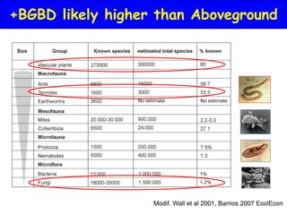 +BGBD likely higher than Aboveground




                   Modif. Wall et al 2001, Barrios 2007 EcolEcon
 