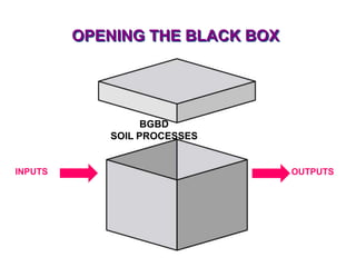 OPENING THE BLACK BOX




                  BGBD
            SOIL PROCESSES


INPUTS                           OUTPUTS
 