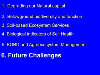 1. Degrading our Natural capital

2. Belowground biodiversity and function
3. Soil-based Ecosystem Services
4. Biological indicators of Soil Health

5. BGBD and Agroecosystem Management

6. Future Challenges
 